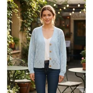 Kindred Spirit Sweater Cardigan Women's M Blue Textured Sheer Crochet Nepal NWOT